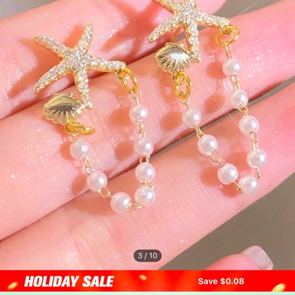 Gold Starfish and Pearl Drop Earrings - Picture 1 of 8